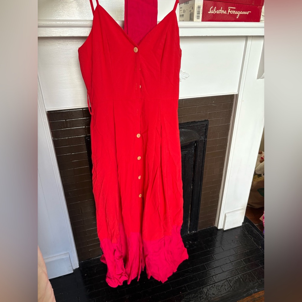 Aura Red to Pink Ombre Maxi Dress with Front Buttons